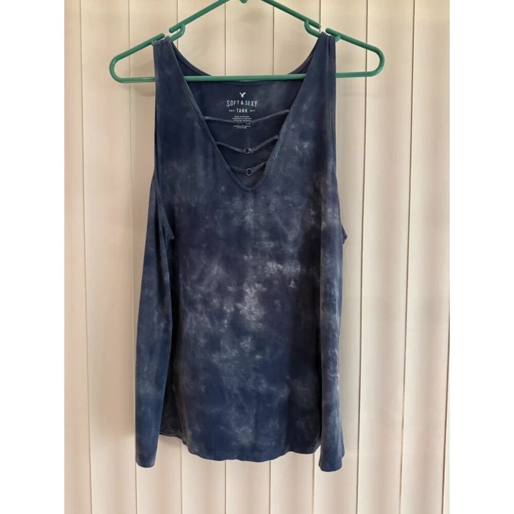 American Eagle Super Soft Blue Tie-Dye Tank-Top Women's Sz L